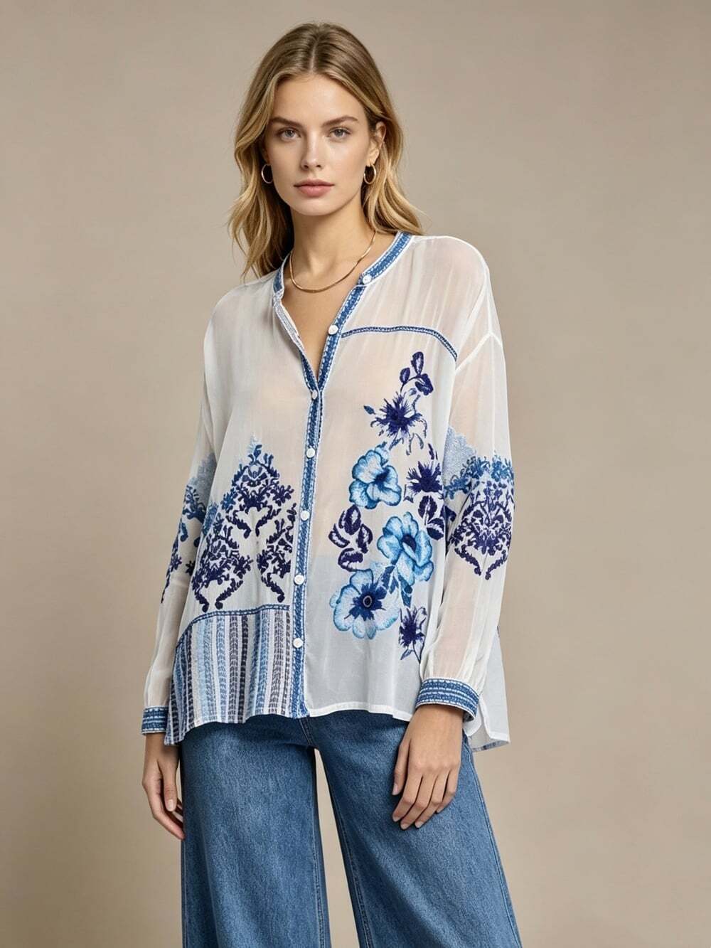 NWOT Johnny Was Floral Embroidered Long Sleeve Blouse Boho Shirt Oversized S